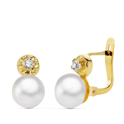 [P20360-1] 18K PENDIENTES PERLA Y CIRCONITA 11X7 MM