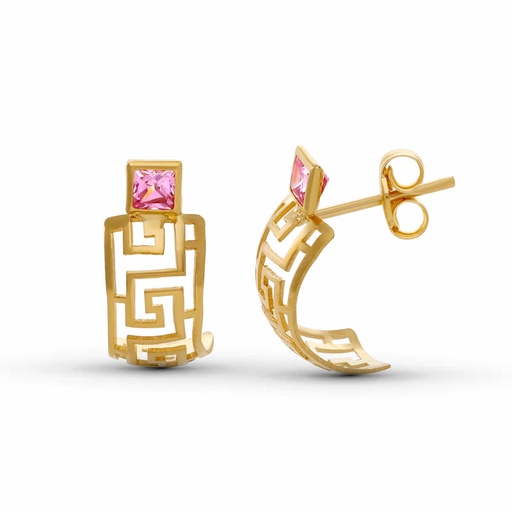 [P20373-1] 18K PENDIENTES ORO AMARILLO GRECA CIRCONITA CUADRADA 15X6 MM CIERRE PRESION