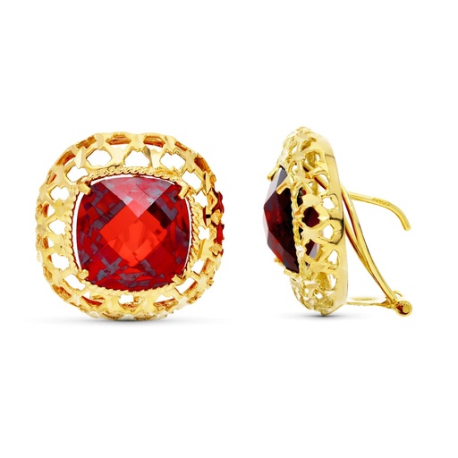 [P20388-1] 18K PENDIENTES ORO AMARILLO GRANATE 20X20 MM