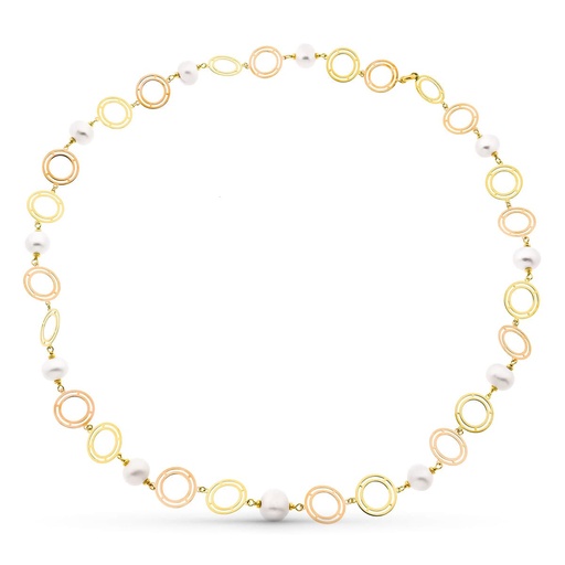 [P20407-3] 18K COLLAR ORO BICOLOR AMARILLO Y ROSA PERLA CULTIVADAS 14 MM LARGO 85 CM