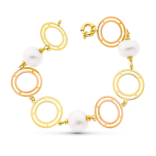[P20407-4] 18K PULSERA ORO 21 CM BICOLOR ORO AMARILLO Y ROSA Y PERLA CULTIVADAS 15 MM