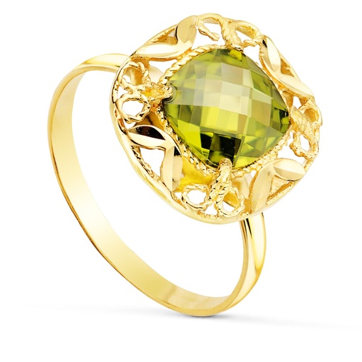 [P20409-2VE] 18K SORTIJA ORO AMARILLO PIEDRA VERDE 8 MM CERCO CALADO