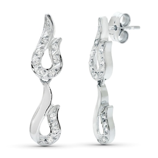 [P20416-1] 18K PENDIENTES ORO BLANCO JUEGO NOVIA DOBLE CUERPO CIRCONITAS 26X7 MM PRESION