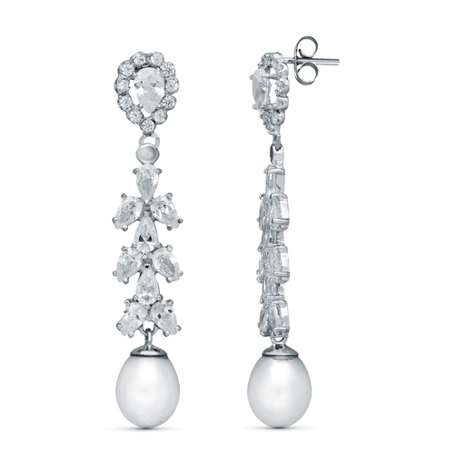 [P20421-1] 18K PENDIENTES NOVIA DOS CUERPOS PERLA CULTIVADA ORO BLANCO 47X8 MM PRESION
