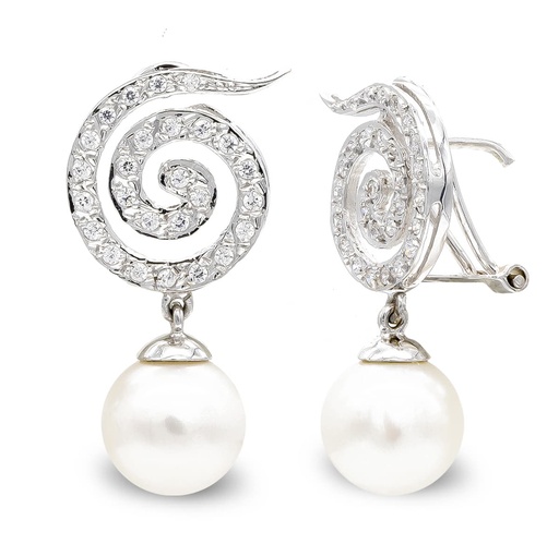 [P20422-1] 18K PENDIENTES ORO BLANCO LARGOS Y PERLA 10 MM
