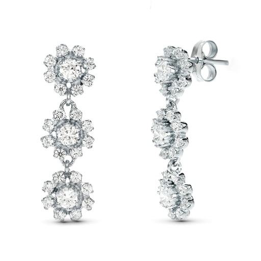[P20424-1] 18K PENDIENTES ORO BLANCO JUEGO NOVIA LARGOS TRES CUAJOS 25X8 MM PRESION