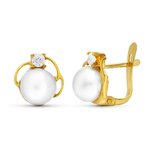 [P20449-1] 18K PENDIENTES PERLA Y CIRCONITAS 9X9 MM