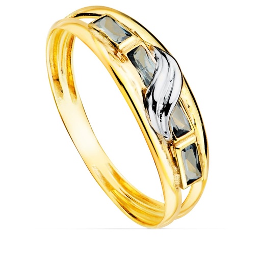 [P20458-2] 18K SORTIJA ORO BICOLOR MOTIVO Y CIRCONITAS AGUAMARINA BAGUETTE. ANCHO 6 MM