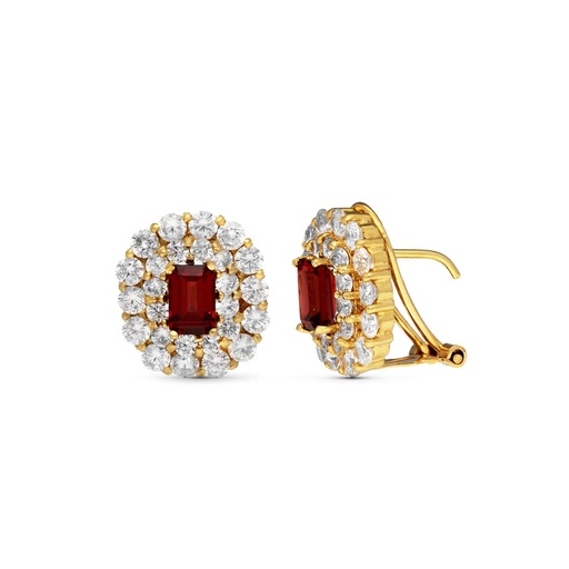 [P20460-1GR] 18K PENDIENTES ORO AMARILLO PIEDRA GRANATE 6X4 MM OMEGA