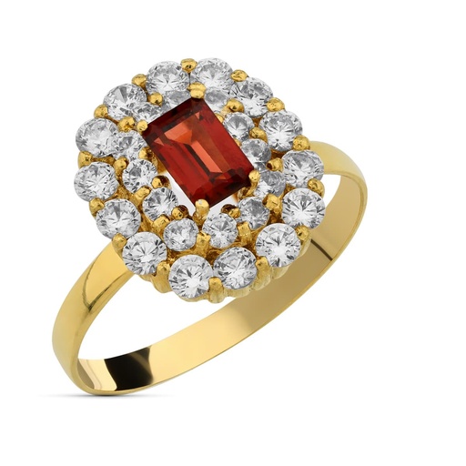 [P20460-2GR] 18 K SORTIJA ORO AMARILLO CIRCONITAS Y GRANATE 6X4 MM