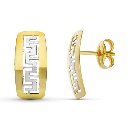 [P20500-1] 18K PENDIENTES ORO BICOLOR GRECA BRILLO 11X5.5 MM CIERRE PRESION