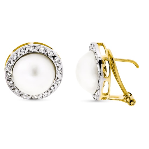 [P20502-1] 18K PENDIENTES ORO BICOLOR PERLA JAPONESA NATURAL 10 MM CIERRE OMEGA