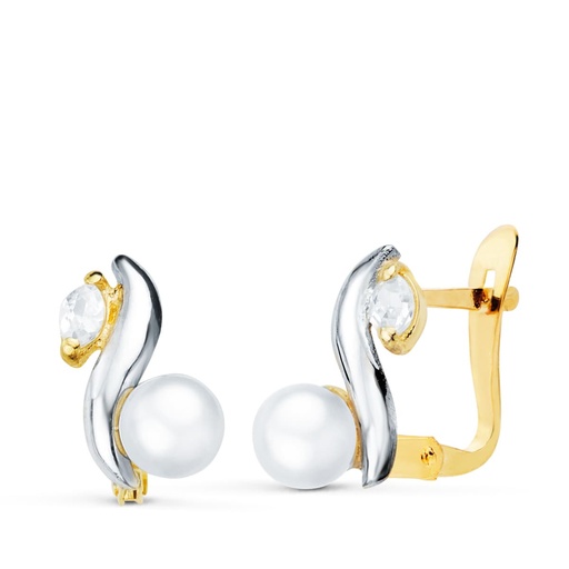 [P20545-1] 18K PENDIENTES ORO BICOLOR BANDAS Y PERLA DE 4.5 MM MEDIDA 10X7 MM CATALAN