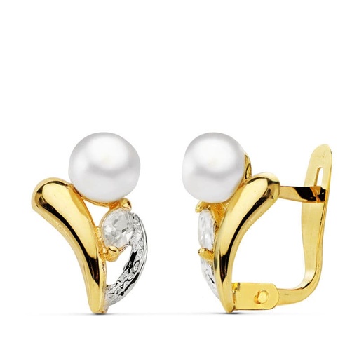 [P20546-1] 18K PENDIENTES PERLA Y PIEDRA 11X8 MM