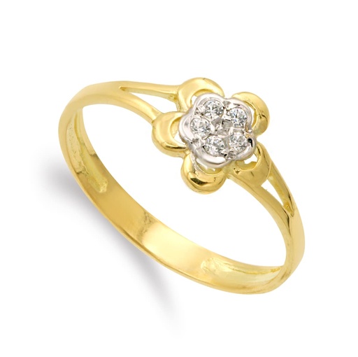 [P20581-2] 18K SORTIJA ORO BICOLOR CON FLOR Y CIRCONITAS 7 MM CUERPO 2 MM