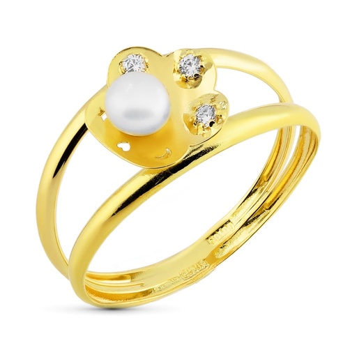 [P20591-2] 18K SORTIJA PERLA FLOR CIRCONITAS
