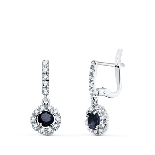[P20598-1ZA] 18K PENDIENTES ORO BLANCO ZAFIRO 4MM - 0.56 QTES Y CIRCONITAS. 17 X 7 MM CATALAN
