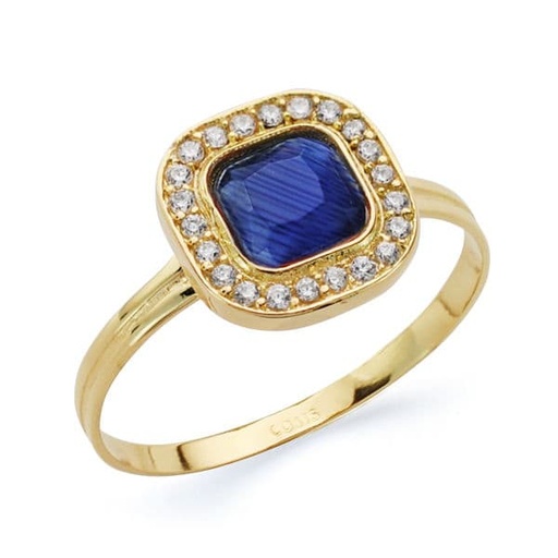 [P20684-2-AZ] 18K SORTIJA PIEDRA AZUL Y CIRCONITAS 9X9 MM