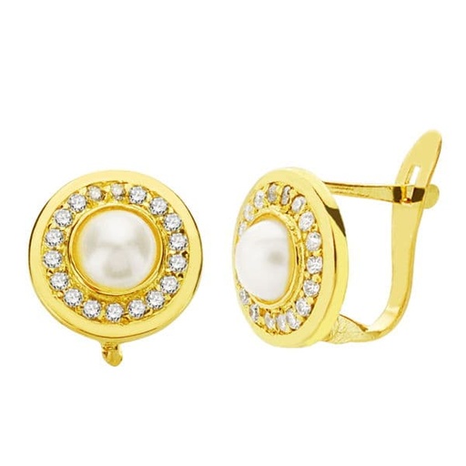[P20686-1] 18K PENDIENTES PERLA Y CIRCONITAS 9 MM