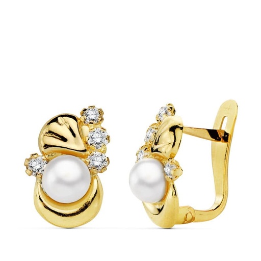 [P20704-1] 18K PENDIENTES PERLA Y CIRCONITAS 12X8 MM