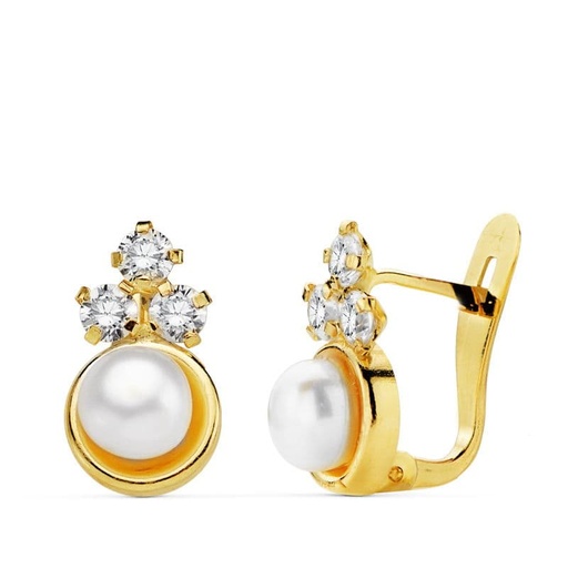 [P20706-1] 18K PENDIENTES PERLA Y CIRCONITAS 12X7 MM