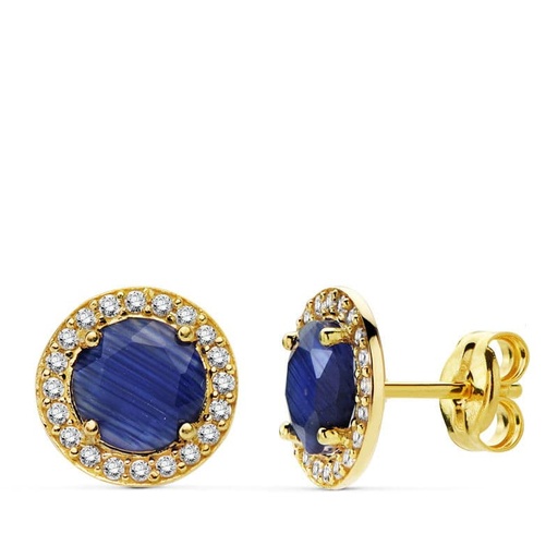 [P20719-1-AZ] 18K PENDIENTES PIEDRA AZUL CIRCONITAS 9 MM