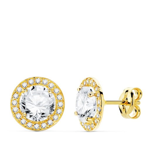 [P20719-1-OA] 18K PENDIENTES ORO AMARILLO REDONDOS CIRCONITAS 9 MM CIERRE PRESION