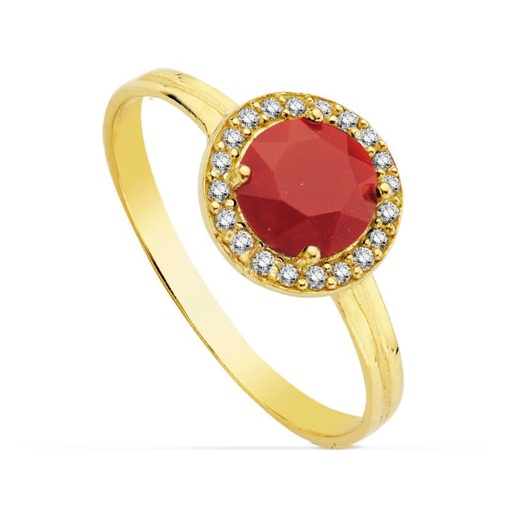 [P20719-2-RO] 18K SORTIJA ORO AMARILLO MOTIVO REDONDO 9 MM CIRCONITA COLOR ROJO 6 MM