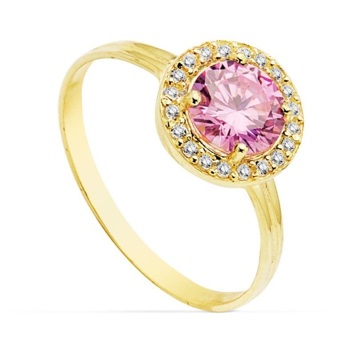 [P20719-2-RS] 18K SORTIJA ORO AMARILLO MOTIVO REDONDO 9 MM CIRCONITA COLOR ROSA 6 MM