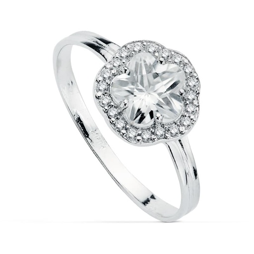 [P20720-2] 18K SORTIJA ORO BLANCO CON FLOR Y CIRCONITAS 9 MM