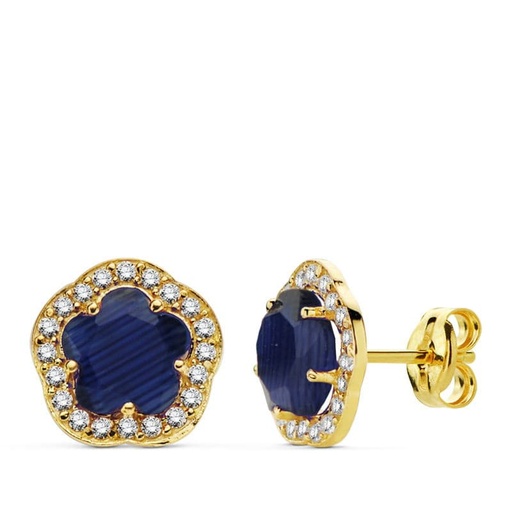 [P20723-1-AZ] 18K PENDIENTES FLOR PIEDRA AZUL. 9X9 MM