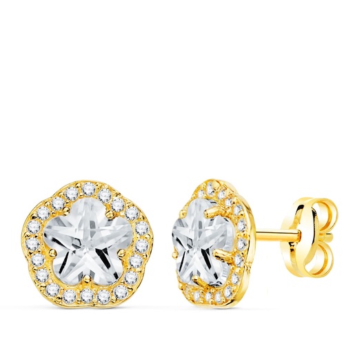 [P20723-1-CI] 18K PENDIENTES ORO AMARILLO FLOR CIRCONITAS GARRAS 9X9 MM CIERRE PRESION