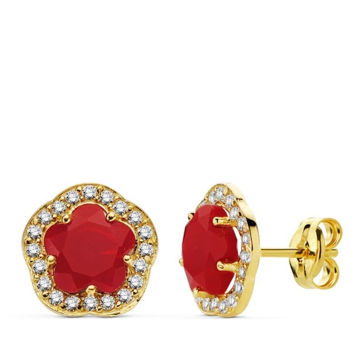 [P20723-1-RO] 18K PENDIENTES FLOR PIEDRA ROJA 9X9 MM