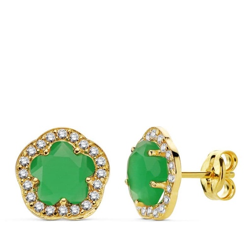 [P20723-1-VE] 18K PENDIENTES FLOR PIEDRA VERDE. 9X9 MM