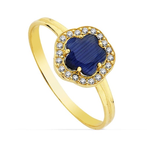 [P20723-2-AZ] 18K SORTIJA ORO AMARILLO FLOR PIEDRA AZUL 6 MMCIRCON.