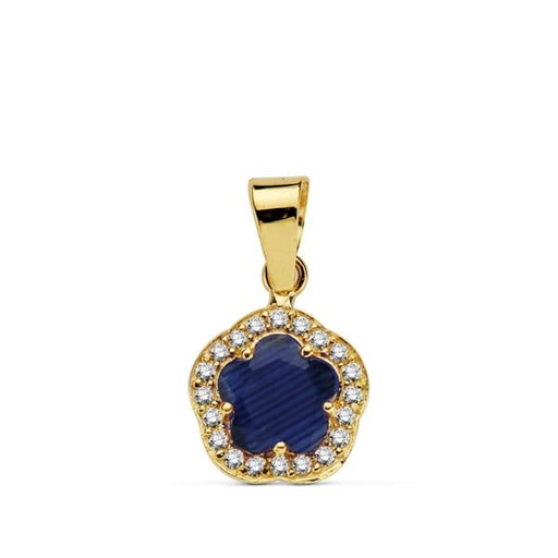 [P20723-5-AZ] 18K COLGANTE ORO AMARILLO FLOR PIEDRA AZUL 9 X9 MM