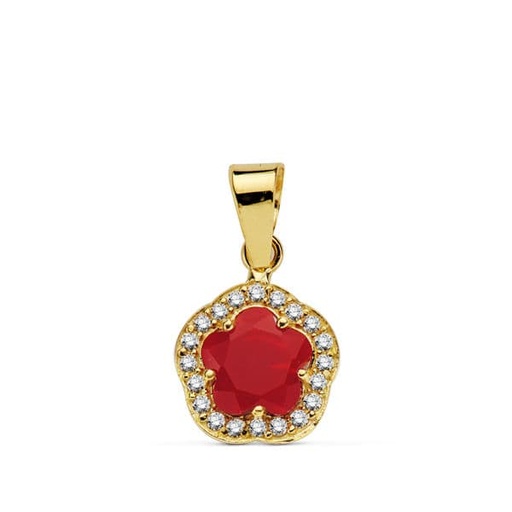 [P20723-5-RO] 18K COLGANTE ORO AMARILLO FLOR PIEDRA ROJA 9 X9 MM