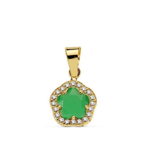 [P20723-5-VE] 18K COLGANTE ORO AMARILLO FLOR PIEDRA VERDE 9 X9 MM