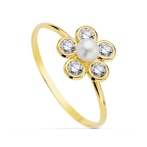 [P20724-2] 18K SORTIJA PERLA 3MM Y CIRCONITAS