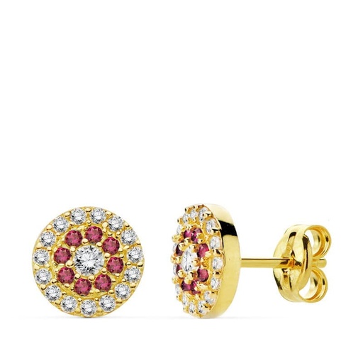[P20731-1RO] 18K PENDIENTES ORO AMARILLO PIEDRAS ROJAS 7 MM