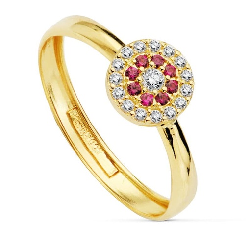 [P20731-2RO] 18K SORTIJA ORO AMARILLO PIEDRAS ROJAS 7 MM