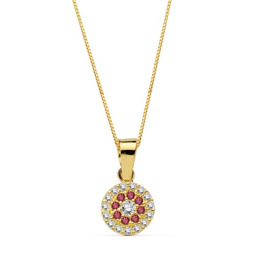 [P20731-3RO] 18K GARGANTILA COLLAR ORO AMARILLO REDONDO PIEDRA ROJA 7 MM CADENA 45 CM