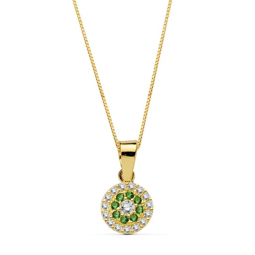 [P20731-3VE] 18K GARGANTILA COLLAR ORO AMARILLO REDONDO PIEDRA VERDE 7 MM CADENA 45 CM