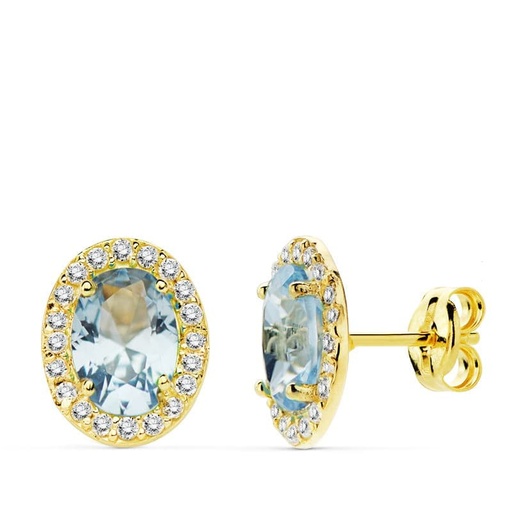 [P20733-1-AM] 18K PENDIENTES ORO AMARILLO PIEDRA AZUL CLARO OVAL CIRCONITAS 10X8 MM