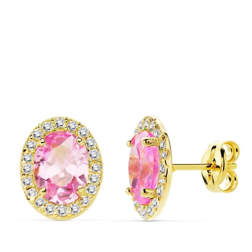 [P20733-1-RS] 18K PENDIENTES ORO AMARILLO PIEDRA ROSA OVAL CIRCONITAS 10X8 MM