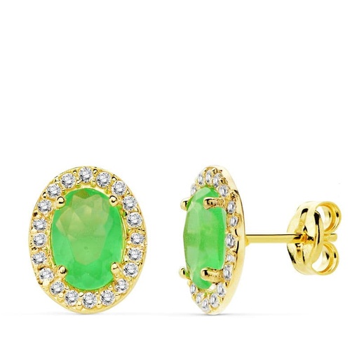[P20733-1-VE] 18K PENDIENTES ORO AMARILLO PIEDRA VERDE OVAL CIRCONITAS 10X8M