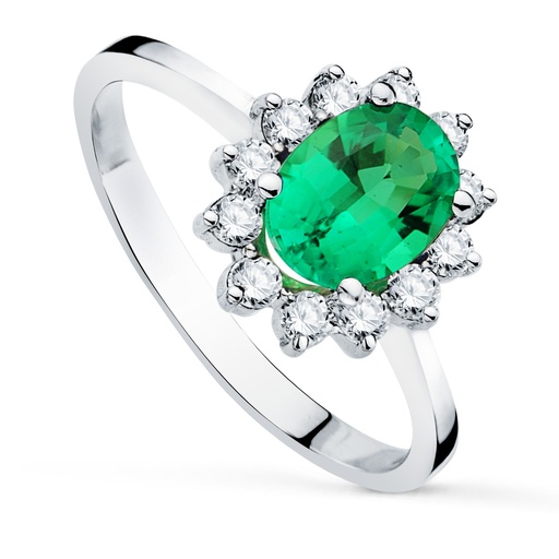 [P20743-2ES] 18K SORTIJA ORO BLANCO CUAJO CON DIAMANTES 0.42 QTS. ESMERALDA 8X6 MM 1.10 QTS.