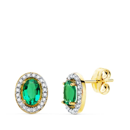 [P20744-1ES] 18K PENDIENTES ORO AMARILLO OVAL ESMERALDA 0.98 QT. 6X4 MM CIERRE DE PRESION.