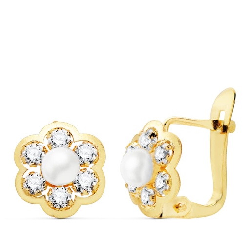 [P20751-1] 18K PENDIENTES ORO AMARILLO FLOR CON CIRCONITAS Y PERLA 8X8 MM CATALAN