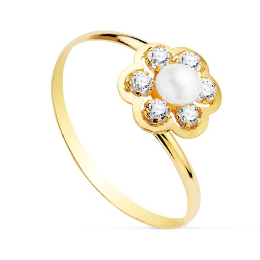 [P20751-2] 18K SORTIJA ORO AMARILLO FLOR CON CIRCONITAS Y PERLA 3.5 MM